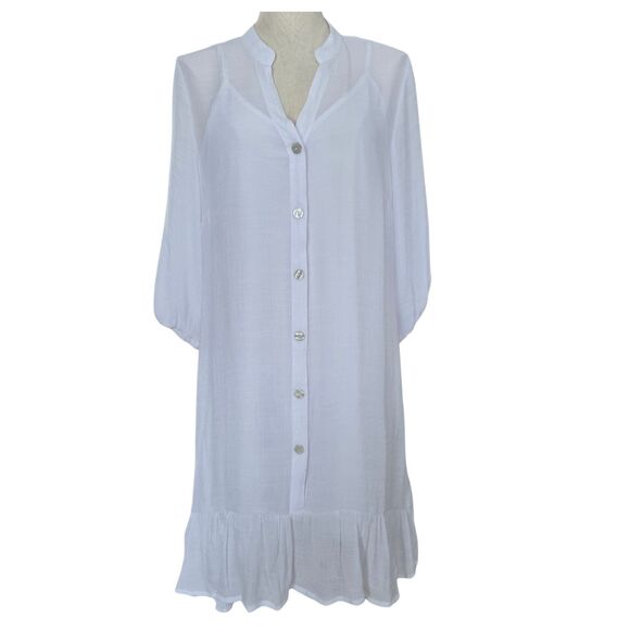 mlle gabrielle White Maxi Shift Dress with Slip Ruffle Hem Boho Romantic Beachy - Picture 2 of 7